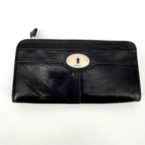 Fossil Black Leather Key Wallet Zip 5 Compartments Coin Cards Super Clean 8x4